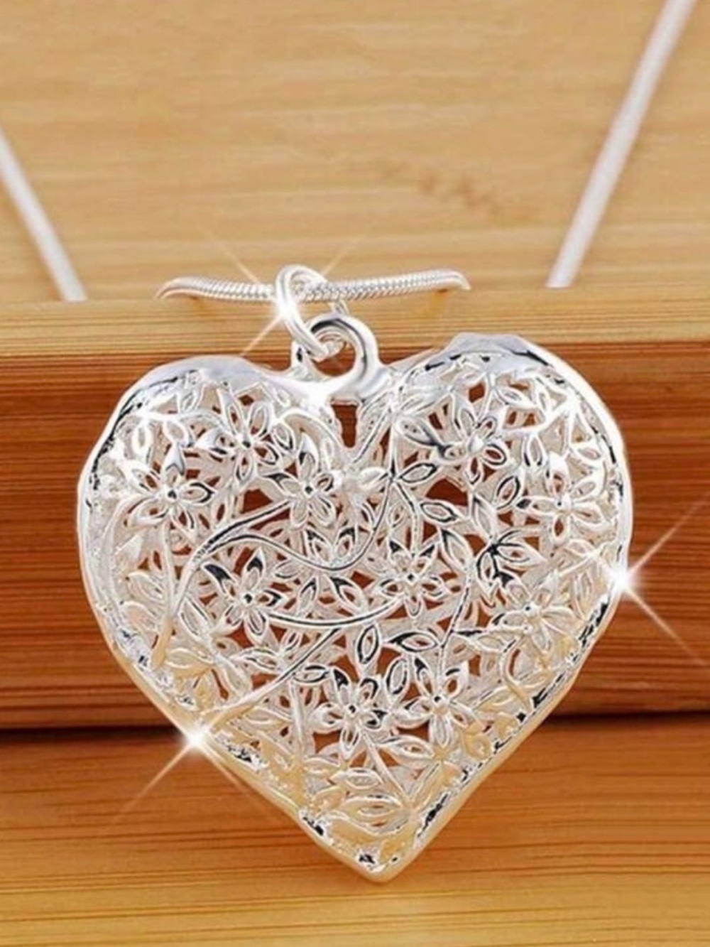 Silver Tone Heart Filigree Necklace